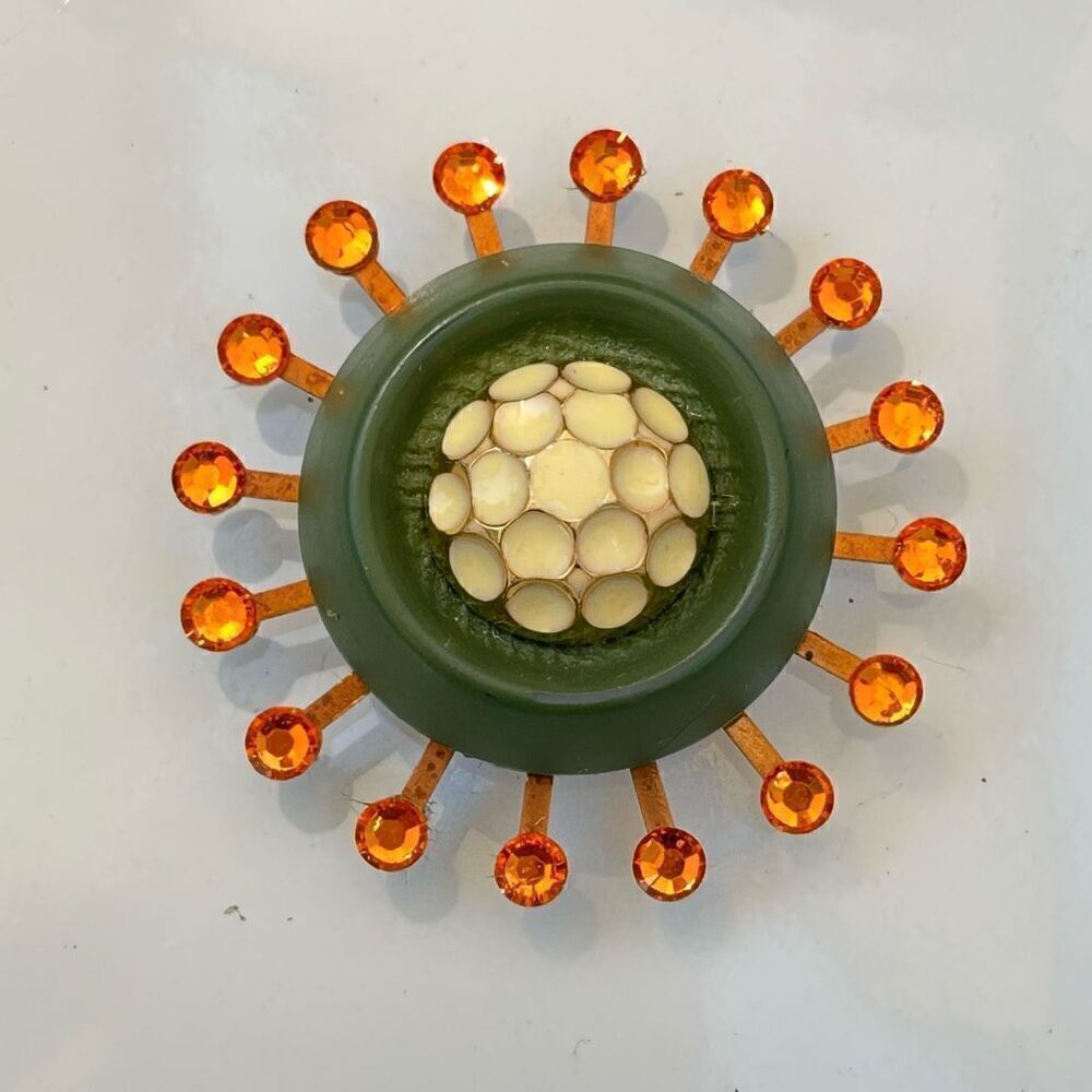 Upcycled Atomic Starburst Refrigerator Magnet Buttons Rhinestones Green Cream Or